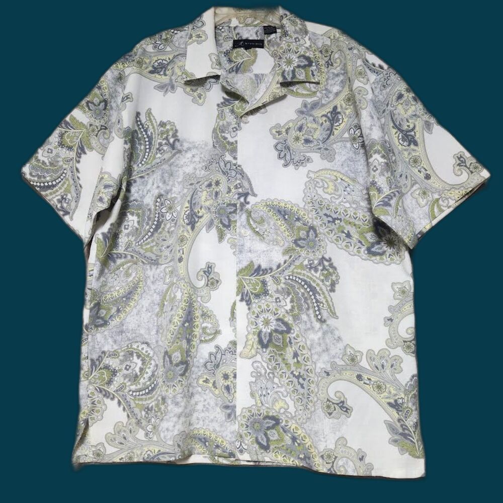 Montique Men's Gray, Cream and Green Paisley Print Linen-Look Shirt Size XL